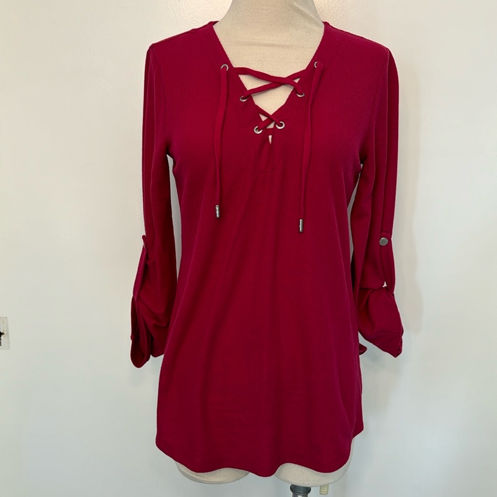 Magenta, pink, Michael Kors, three-quarter cuff sleeve tie front V-neck size S